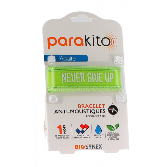 Wiederaufladbares Anti-Mücken-Armband Never give up Parakito - 1 Armband + 2 Nachfüllungen