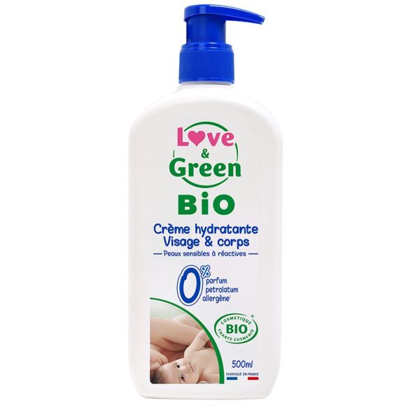 Bio-Feuchtigkeitscreme für Gesicht und Körper Love & Green - Pumpflasche mit 500 ml