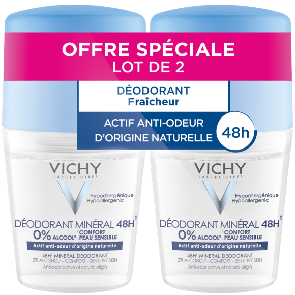 Mineral-Deodorant 48h ohne Aluminiumsalze Vichy - 2 Roll-ons à 50 ml