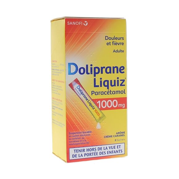 Doliprane Liquiz 1000mg zuckerfreie Trinklösung mit Karamellgeschmack - Packung mit 8 Beuteln
