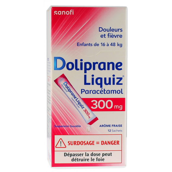Doliprane Liquiz 300 mg zuckerfreie orale Suspension - Packung mit 12 Beuteln