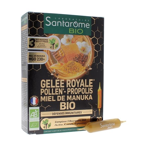 Gelee Royale Pollen Propolis Manuka Honig Bio Santarome - Box mit 20 Ampullen