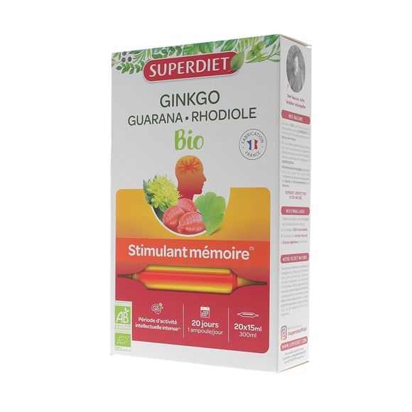 Ginkgo Guarana Rhodiola Bio Gedächtnisförderer Super Diet - Packung mit 20 Ampullen