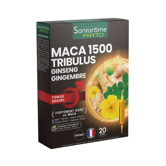 Maca 1500 Tribulus Ginseng Ingwer Sexuelle Leistungsfähigkeit Santarome - Packung mit 20 Ampullen