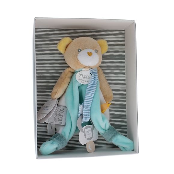 Mini Schnuffeltier Bär Schnullerhalter Doudou und compagnie - Box mit Schnuffeltier von 15 cm