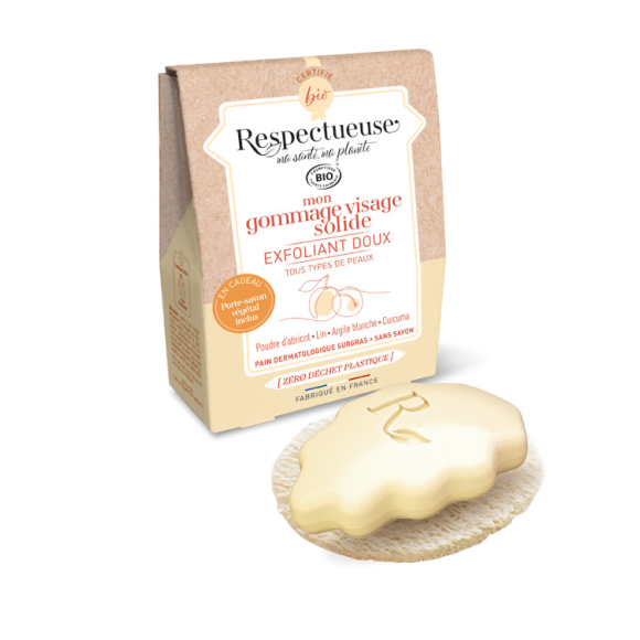 Mein sanftes, bio-zertifiziertes Gesichts-Peeling in fester Form Respectueuse - 35g Stück + kostenloser Pflanzen-Seifenhalter