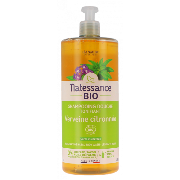 Bio erfrischendes Duschshampoo mit Zitronenverbene von Natessance - Pumpflasche 1L