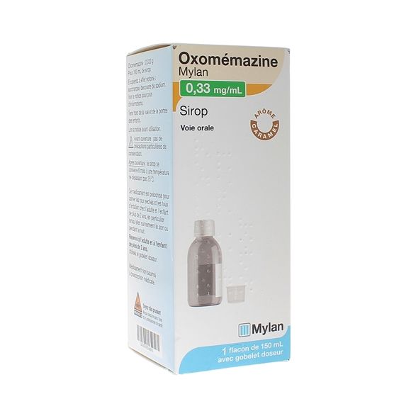 Oxomemazin 0,33 mg/ml Sirup Mylan - eine Dosierflasche mit 150 ml und Dosierbecher