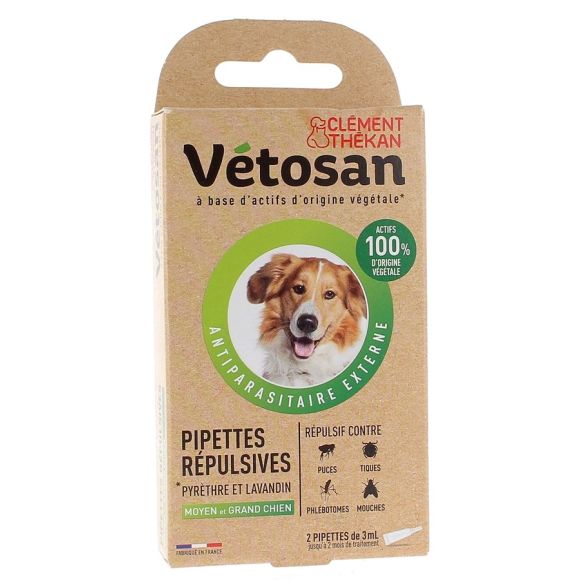 Repellent-Pipetten für mittelgroße und große Hunde Vétosan Clément Thékan - 2 Pipetten à 3 ml