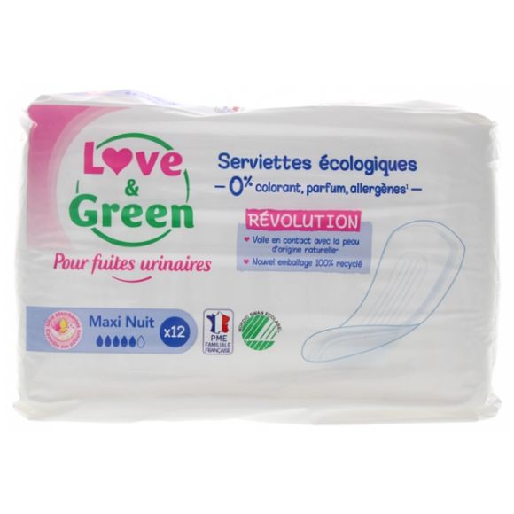 Ökologische Maxi-Nacht-Slipeinlagen Love & Green - Packung mit 12 Slipeinlagen