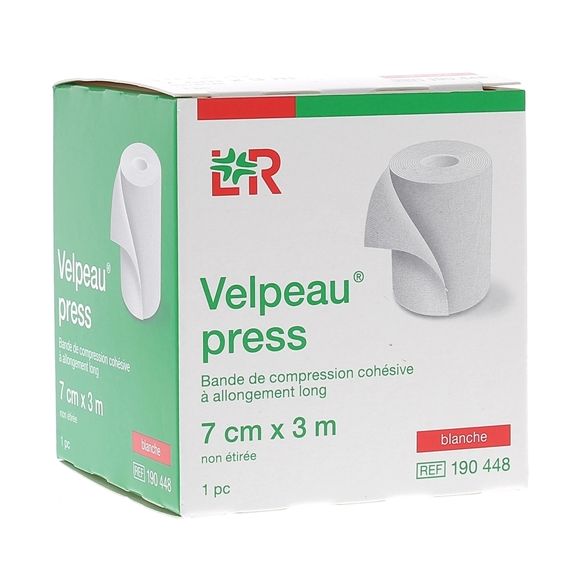 Velpeau Press Kohäsive Kompressionsbinde mit langer Dehnung - Schachtel mit einem weißen Band von 7x3cm