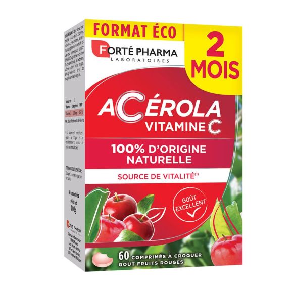 Acerola Geschmack rote Früchte Forté Pharma Energie - Packung mit 60 Kautabletten