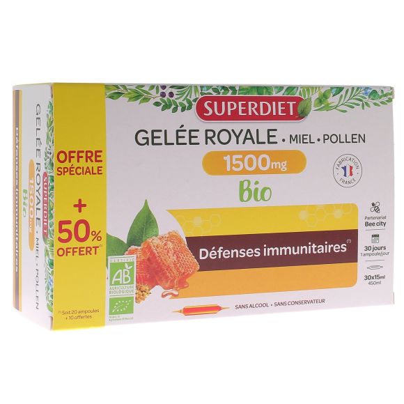 Bio-Gelee Royale 1500 mg Akazienhonig Pollen Super Diet - 20 Ampullen + 10 geschenkt