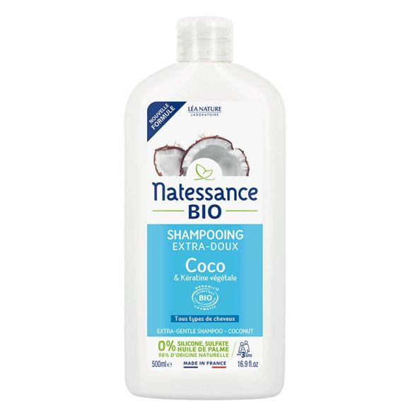 Bio-Kokos- und pflanzliches Keratin Extra Sanft Shampoo Natessance - 500ml Flasche