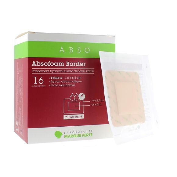 Absofoam Border Hydrocellular Verband Grüne Marke - Schachtel mit 16 Verbänden von 7,5 x 8,5 cm