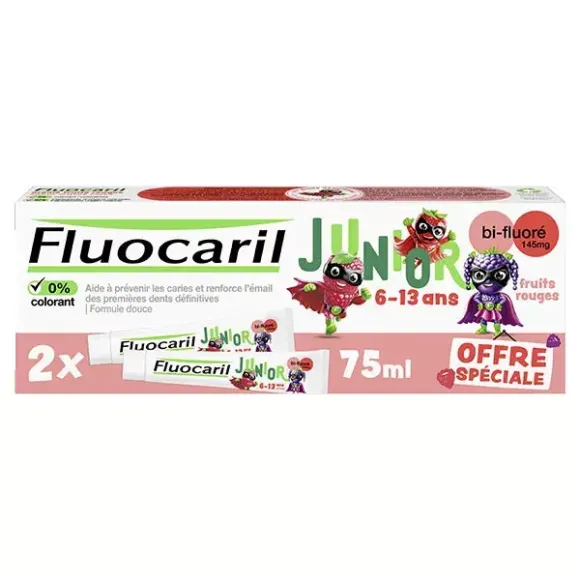 Junior-Zahnpasta für erste bleibende Zähne mit roten Früchten Fluocaril - 2er-Pack mit 75 ml Tuben