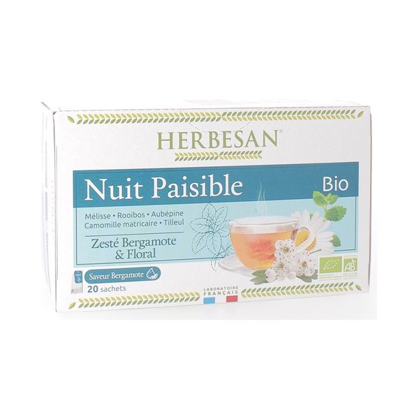 Bio-Kräutertee für eine ruhige Nacht mit Bergamotte-Geschmack von Herbesan - 20 Beutel pro Packung
