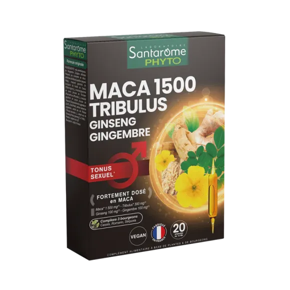 Maca 1500 Tribulus Ginseng Ingwer Sexuelle Leistungsfähigkeit Santarome - Packung mit 20 Ampullen