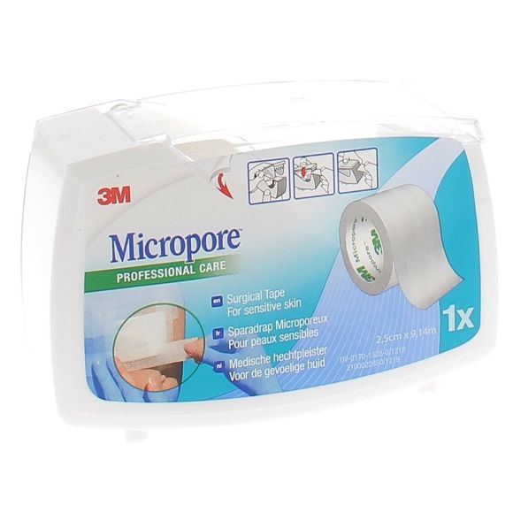 Mikropore Weißes Pflasterband mit Abroller 3M - Rolle von 2,5 cm x 9,14 m