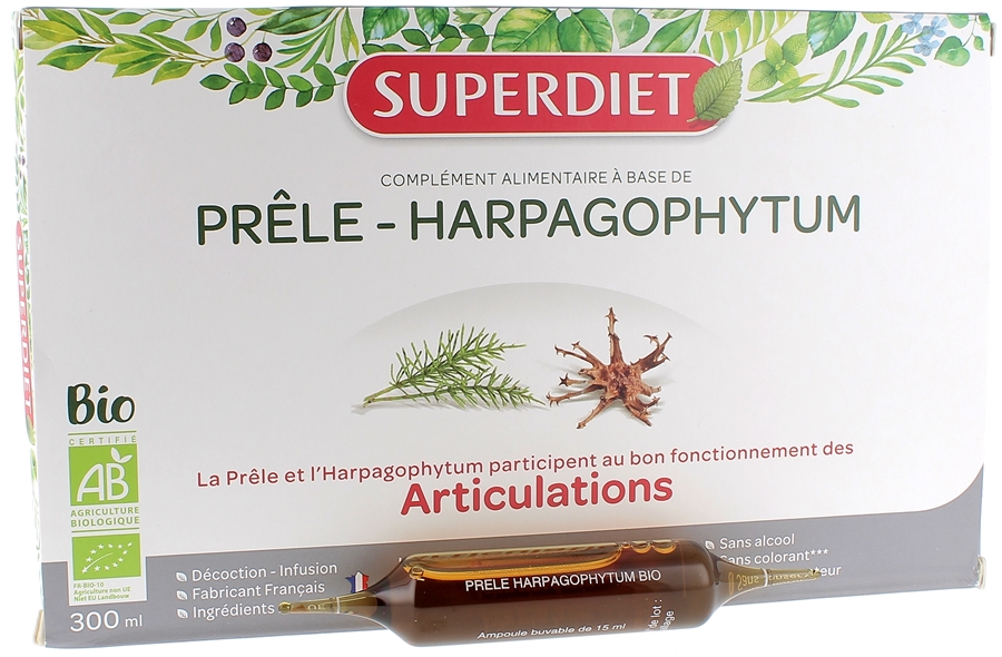 Prêle Harpagophytum Bio Super Diet - coffret 20 ampoules de 15 ml