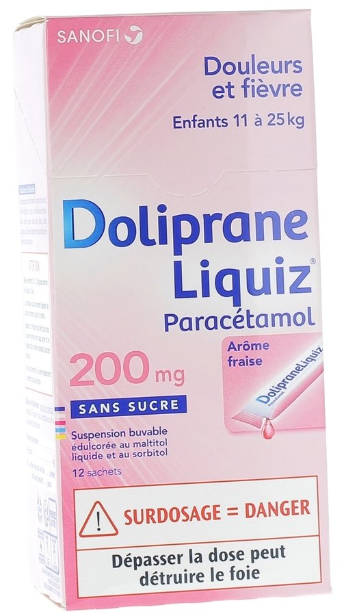 Doliprane Liquiz 200 mg sans sucre - boite de 12 sachets