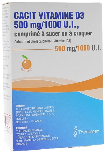 Cacit Vitamine D3 500 mg/1000 UI - boîte de 30 comprimés à croquer ou sucer