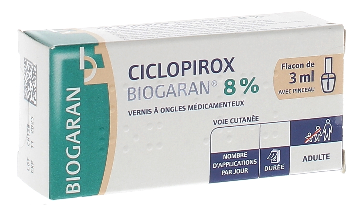 Ciclopirox 8% vernis à ongles Biogaran - flacon de 3ml avec pinceau