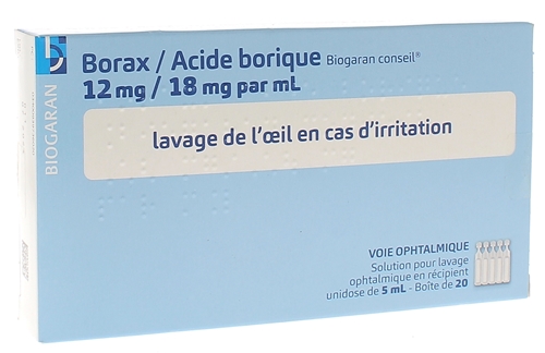 Borax Acide borique Biogaran solution pour lavage ophtalmique - boîte de 20 unidoses de 5ml