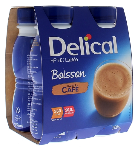 Delical Boisson HP/HC lactée saveur café - 4 bouteilles de 200 ml