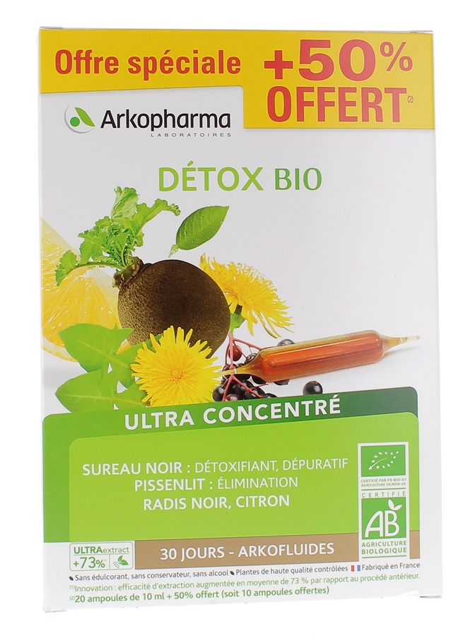 Arkofluides Détox bio Arkopharma - boîte de 20 ampoules + 10 offertes