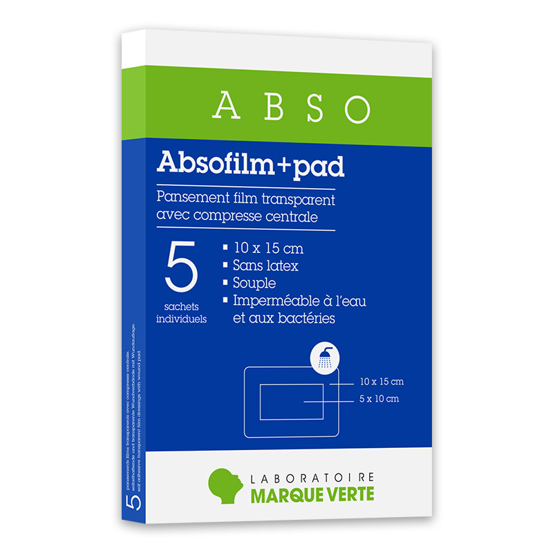 Absofilm+Pad Pansements film adhésif stériles Marque Verte - boîte de 5 pansements de 10x15cm