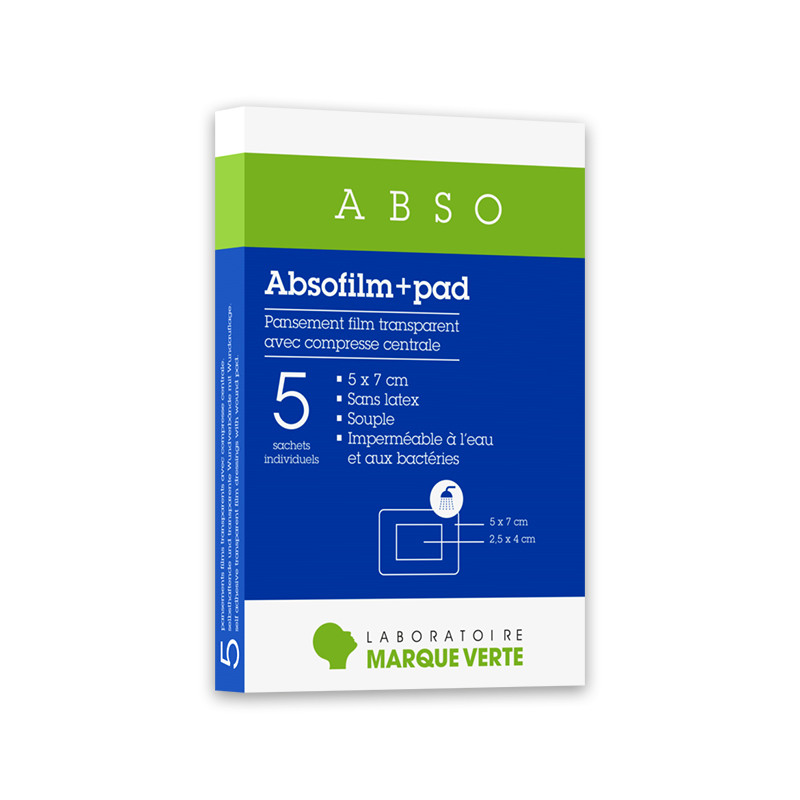 Absofilm+Pad Pansements film adhésif stériles Marque Verte - boîte de 5 pansements de 5x7cm