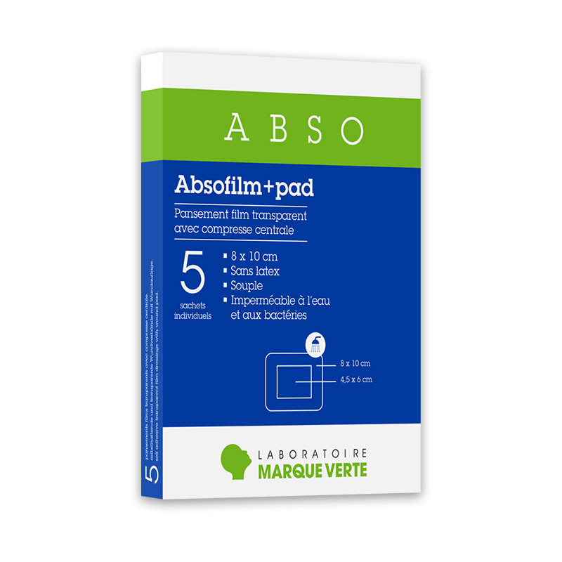 Absofilm+Pad Pansements film adhésif stériles Marque Verte - boîte de 5 pansements de 8x10cm