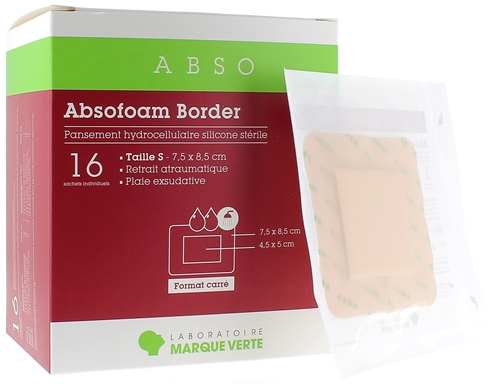 Absofoam Border Pansement Hydrocellulaire Marque Verte - boîte de 16 pansements de 7,5 x 8,5 cm