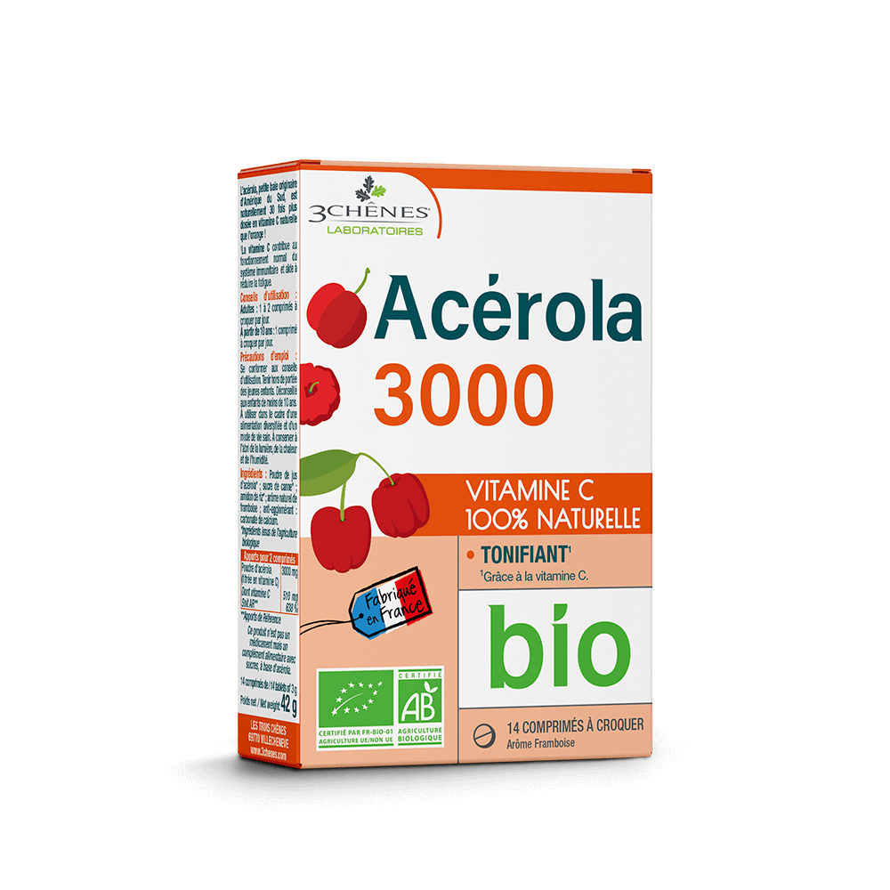 Acérola 3000 mg bio Les Trois Chênes - boîte de 14 comprimés à croquer