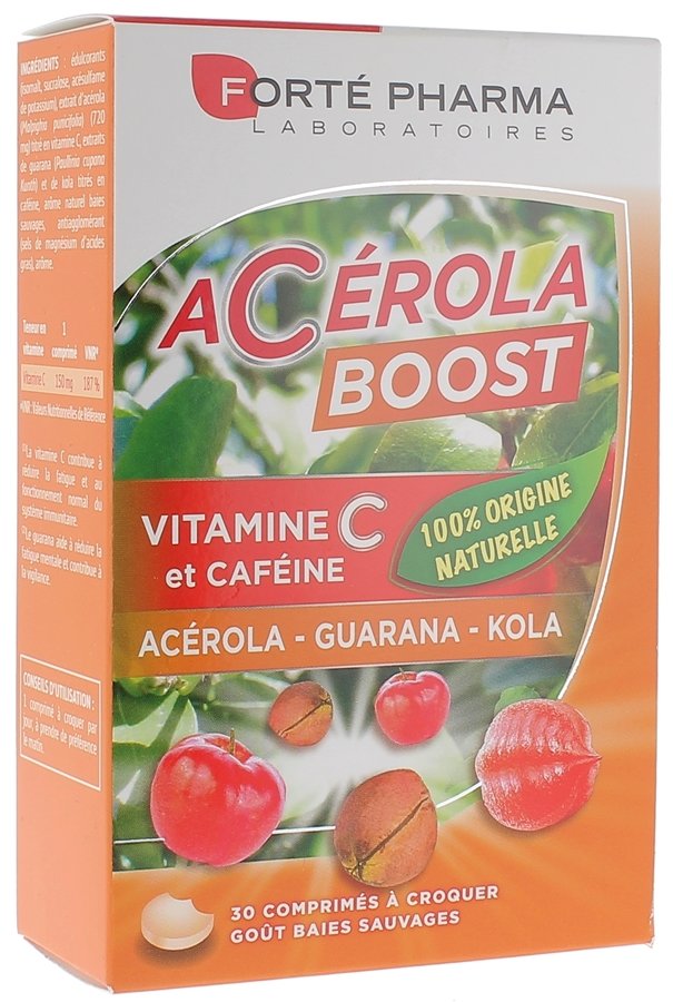 Acérola Boost Vitamine C et Caféine Forté Pharma - boîte de 30 comprimés à sucer