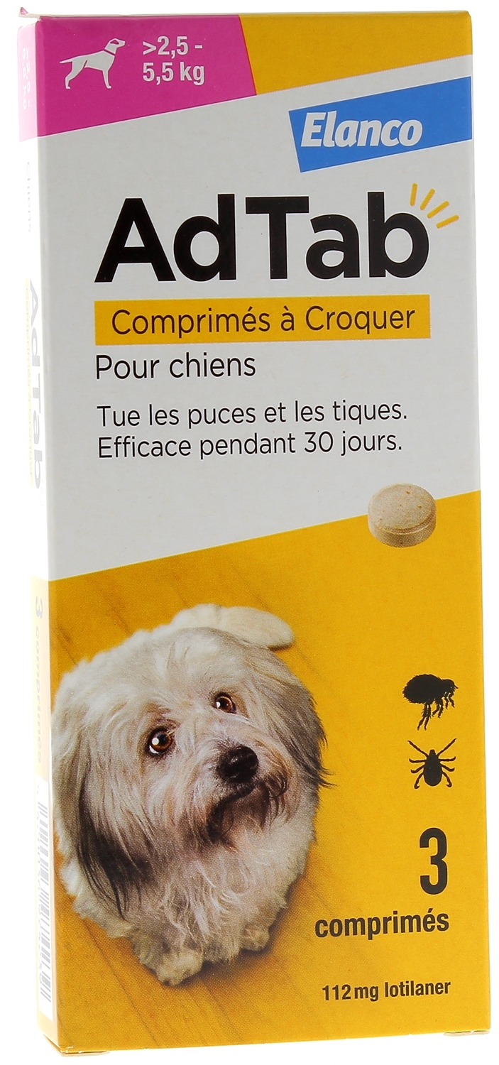 AdTab 112 mg chien 2,5-5,5kg Elanco - boîte de 3 comprimés à croquer