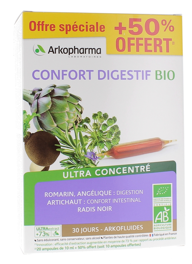 Arkofluides Confort Digestif bio Arkopharma - boîte de 20 ampoules + 10 offertes
