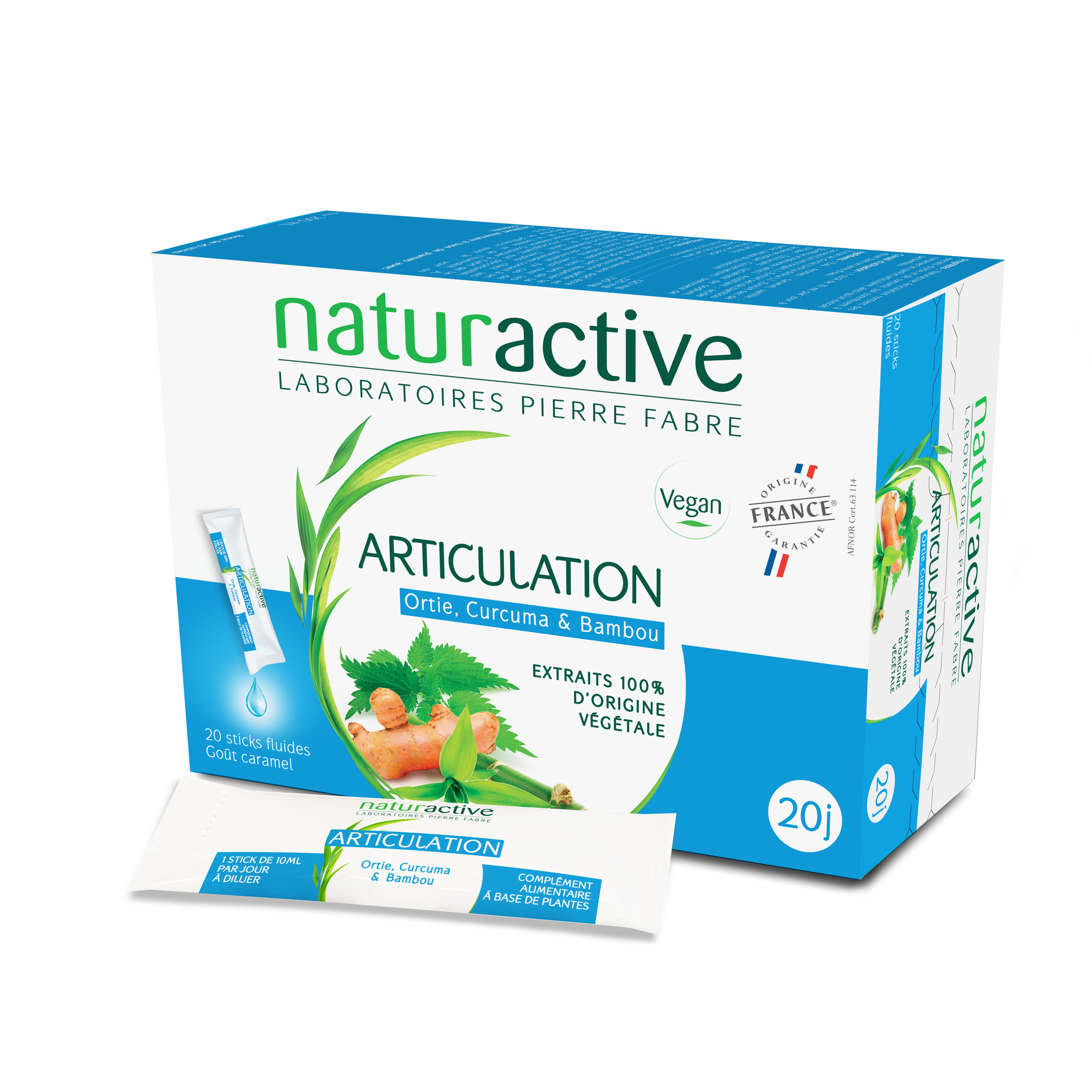 Articulation Ortie, Curcuma et Bambou Naturactive - boîte de 20 sticks fluide goût caramel
