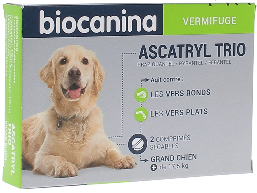 Ascatryl Trio Vermifuge "Grand Chien" (+ de 17,5 kg) Biocanina- boîte de 2 comprimés