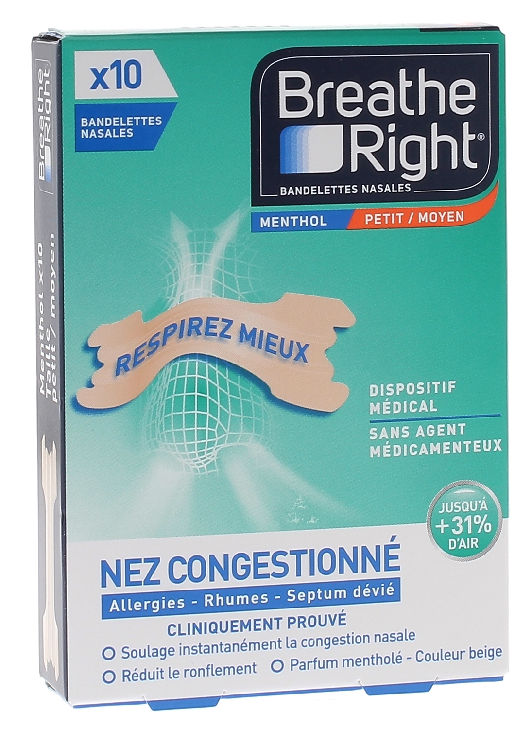 Bandelettes nasales menthol Breathe Right nez bouché, allergies, rhume...