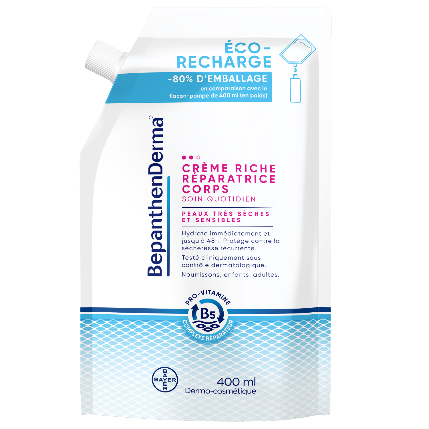 BepanthenDerma Crème Riche Réparatrice Corps Éco-Recharge 400 ml Peaux sèches et sensibles