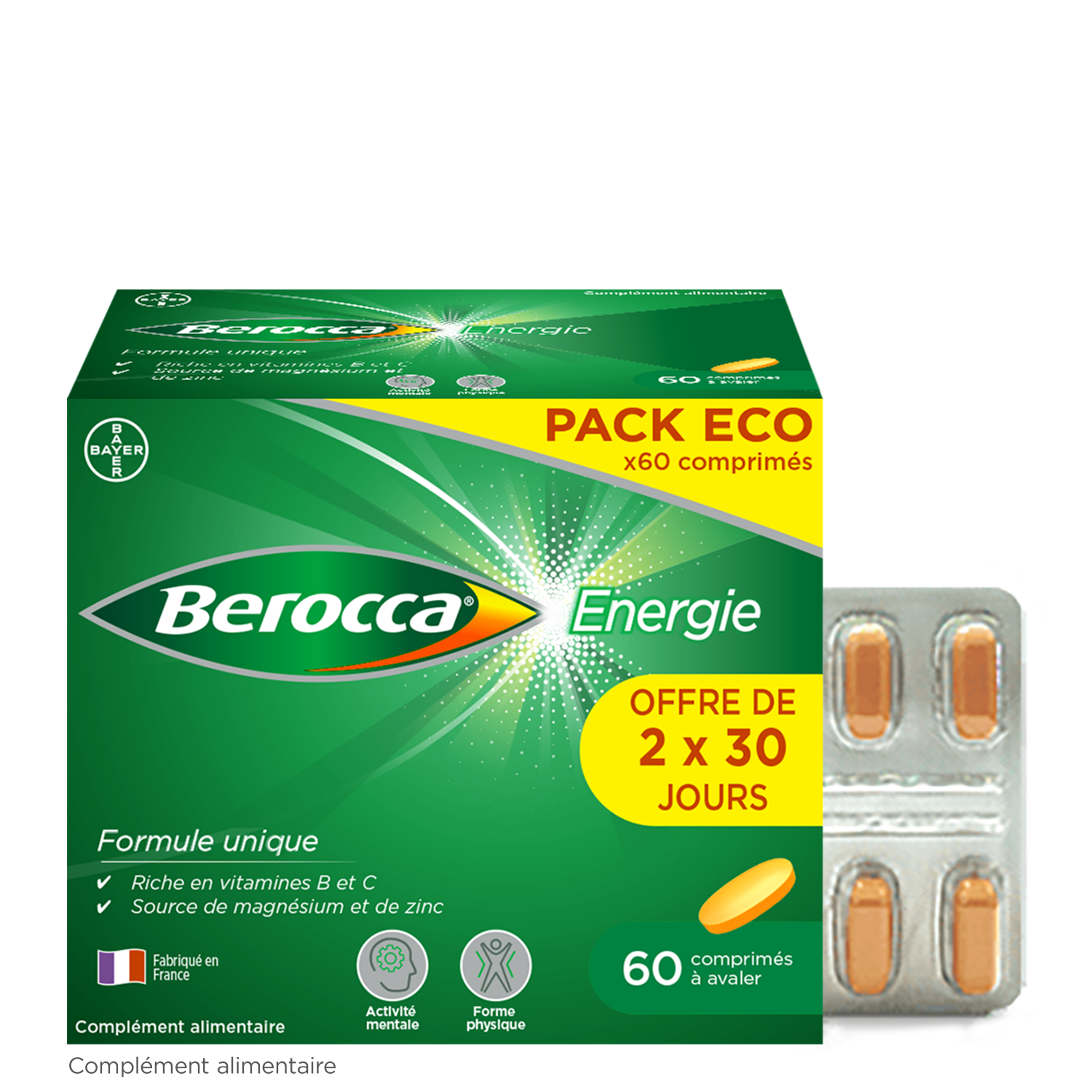 Berocca Energie  Vitamine B et C, magnésium et Zinc 60 comprimés pellicules