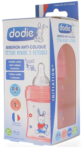 DODIE Biberon Anti colique Initiation+ 150ml ROSE POUPÉE 0-6 mois tétine  ronde 3 vitesses débit 1 - Dodie