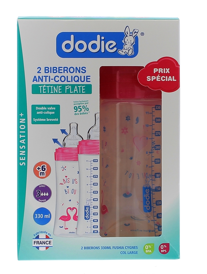 Biberon anti-colique tétine plate + de 6 mois Dodie - 2 biberons de 330 ml