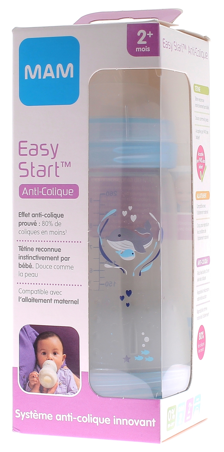 Mam Easy start Biberon Anti-colique 0+mois Débit 3 Bleu/Gris - Lot de 2 Biberons  330ml - Pharmacie en ligne