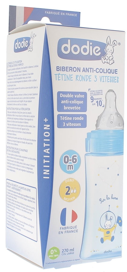 Biberon bleu anti-colique tétine ronde 3 vitesses 0-6 mois Dodie - 1 biberon de 270 ml