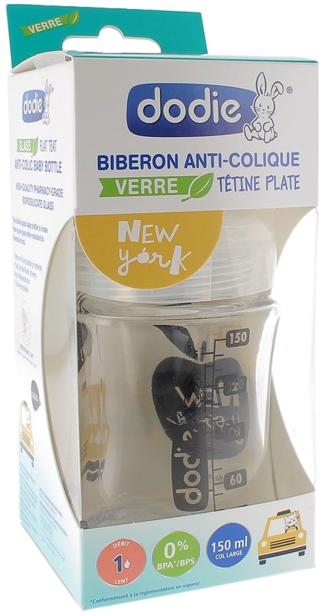 Biberon en verre Anti-colique New York débit 1 - 0 à 6 mois Dodie, biberon  de 150 ml