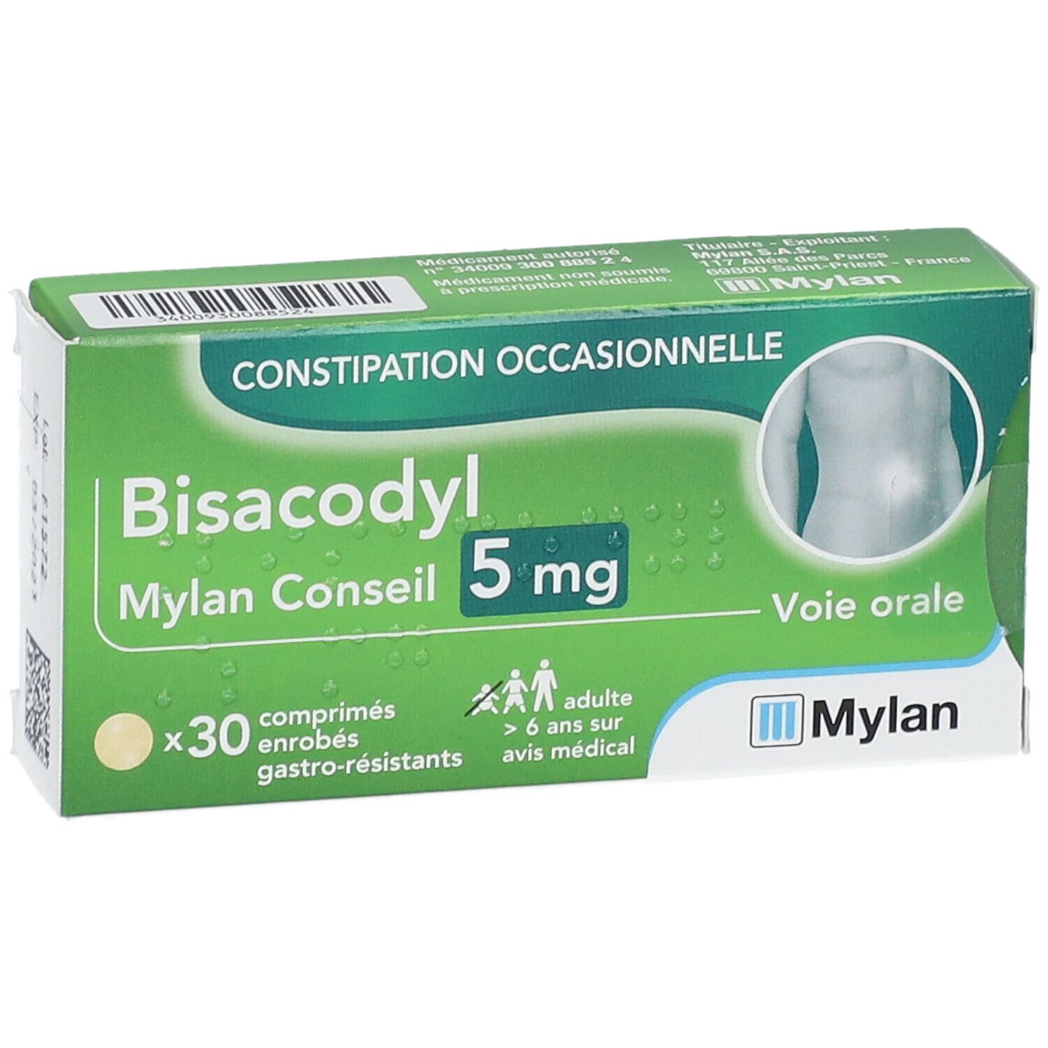 Bisacodyl 5 mg Mylan - 30 comprimés enrobés