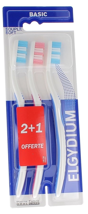 Brosses à dents souple basic elgydium Pierre Fabre - lot de 3 brosses à dents 2+1 offerte